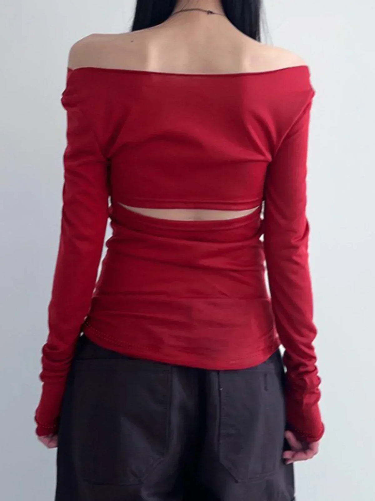 Hollow Out Bandage Slim Backless Slash Neck Long Sleeve Knit Top
