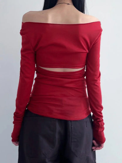 Hollow Out Bandage Slim Backless Slash Neck Long Sleeve Knit Top