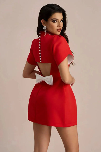 Mock Neck Petal Sleeve Princess Seam Waist Tulip Hem Mini Dress