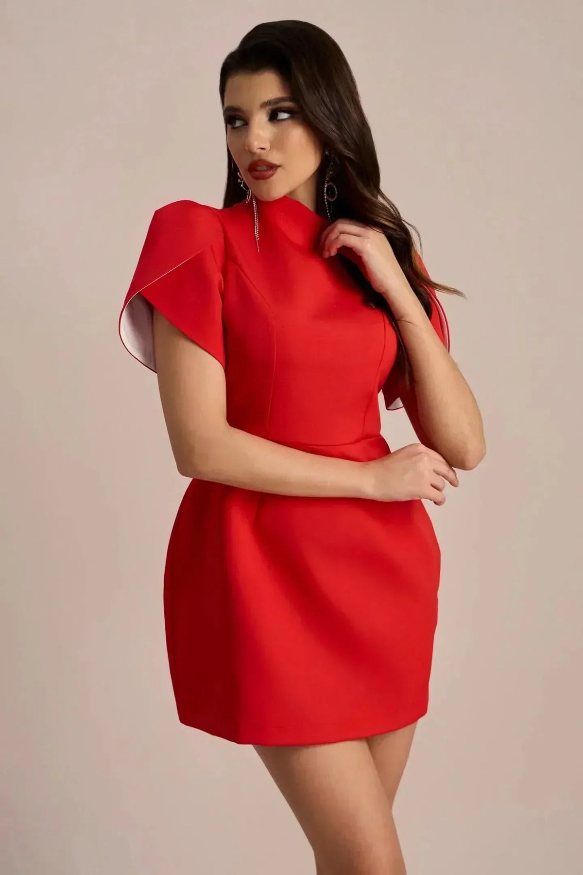Mock Neck Petal Sleeve Princess Seam Waist Tulip Hem Mini Dress