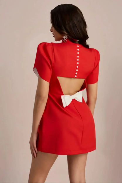 Mock Neck Petal Sleeve Princess Seam Waist Tulip Hem Mini Dress