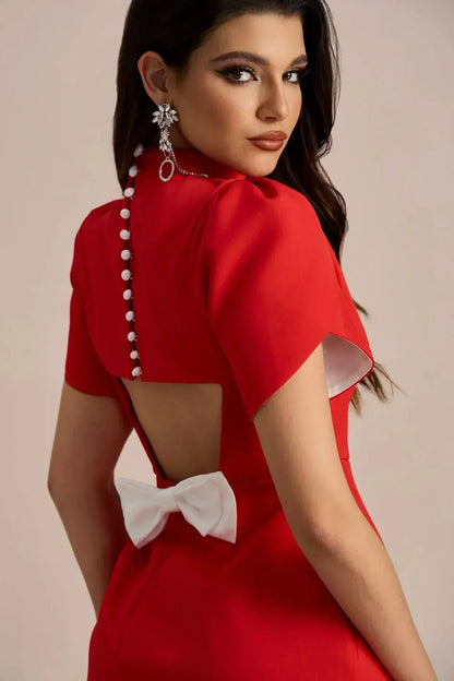 Mock Neck Petal Sleeve Princess Seam Waist Tulip Hem Mini Dress