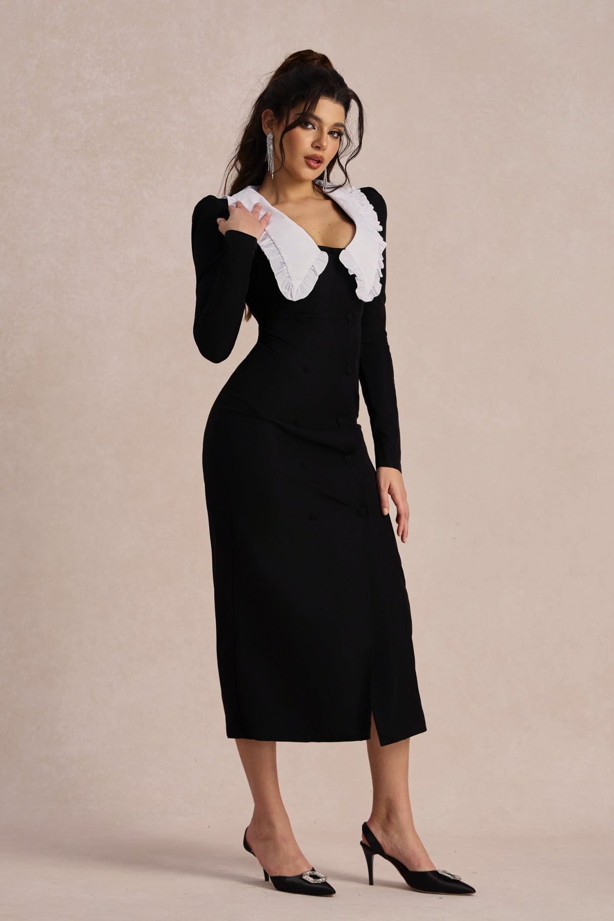 Peter Pan Collar Double Breasted Puff Shoulder High Split Midi Dress