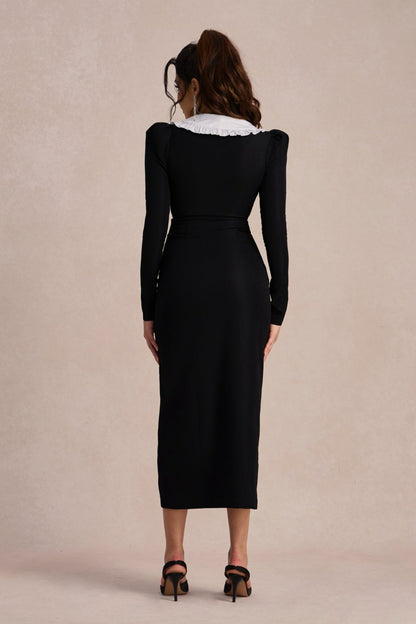 Peter Pan Collar Double Breasted Puff Shoulder High Split Midi Dress