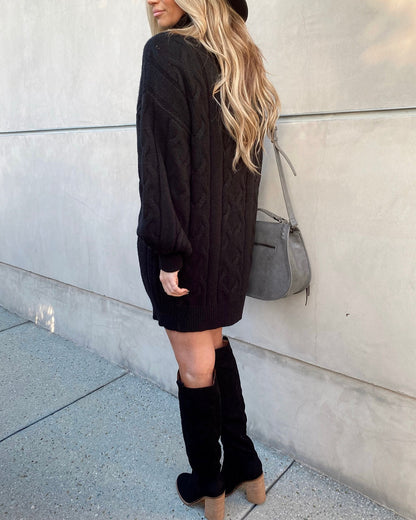 Cable Knit Turtleneck Balloon Sleeve Sweater Mini Dress