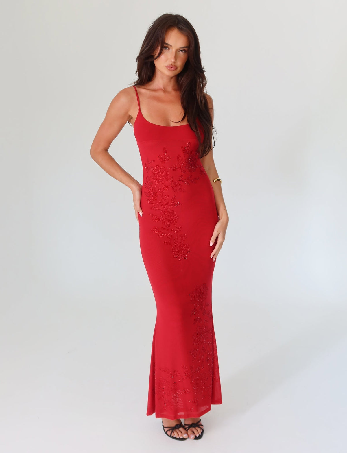 Spaghetti Strap Floral Embroidered Side Cascade Maxi Gown