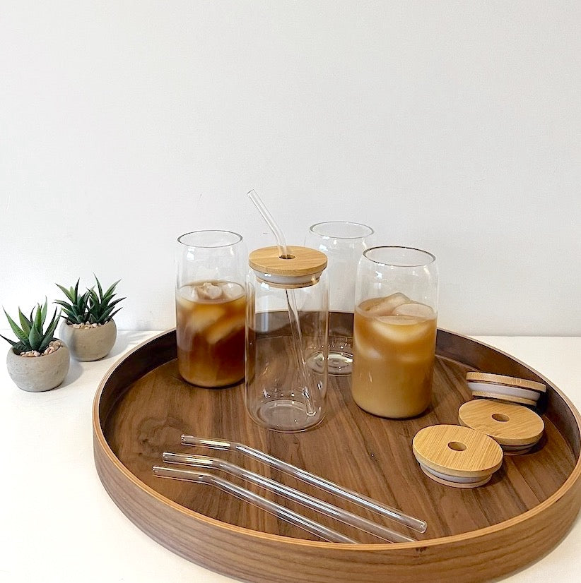Modern Glass Cups With Bamboo Lids & Straws 4pcs Set