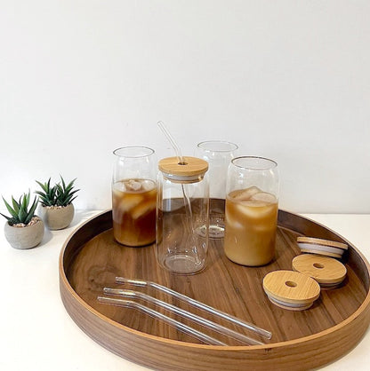 Modern Glass Cups With Bamboo Lids & Straws 4pcs Set