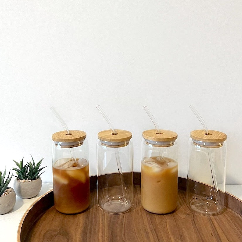 Modern Glass Cups With Bamboo Lids & Straws 4pcs Set