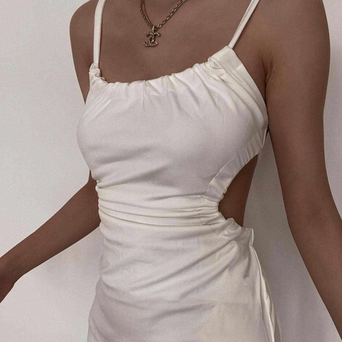 Spaghetti Strap Side Cutout Ruched Tie Back Satin Column Maxi Dress