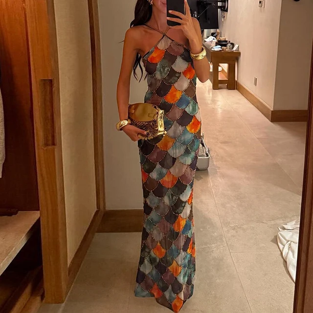 Halter Neck Fish Scale Mosaic Print Bodycon Maxi Dress