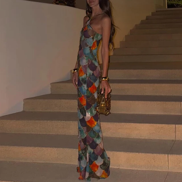 Halter Neck Fish Scale Mosaic Print Bodycon Maxi Dress