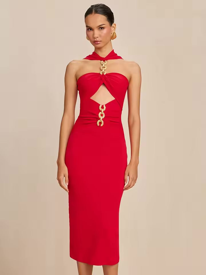 Chain Ring Hardware Halter Cutout Ruched Waist Bandage Midi Dress