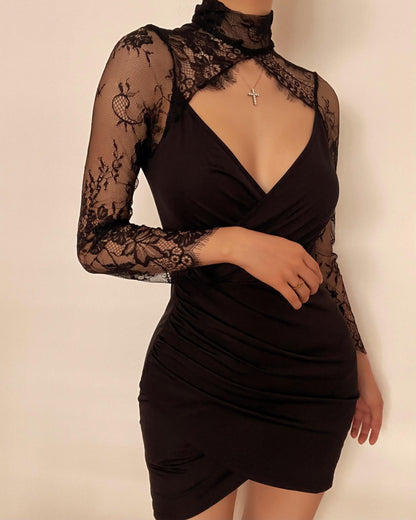 Lace Yoke Mock Neck Long Sleeve Wrap Ruched Bodycon Mini Dress
