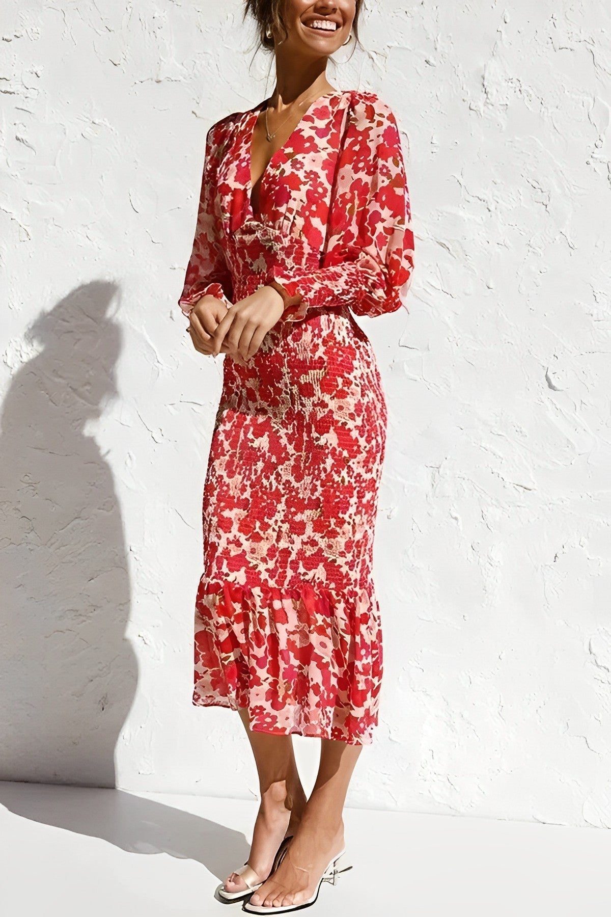 Deep V Neck Puff Sleeve Smocked Shirred Ruffle Midi Dress
