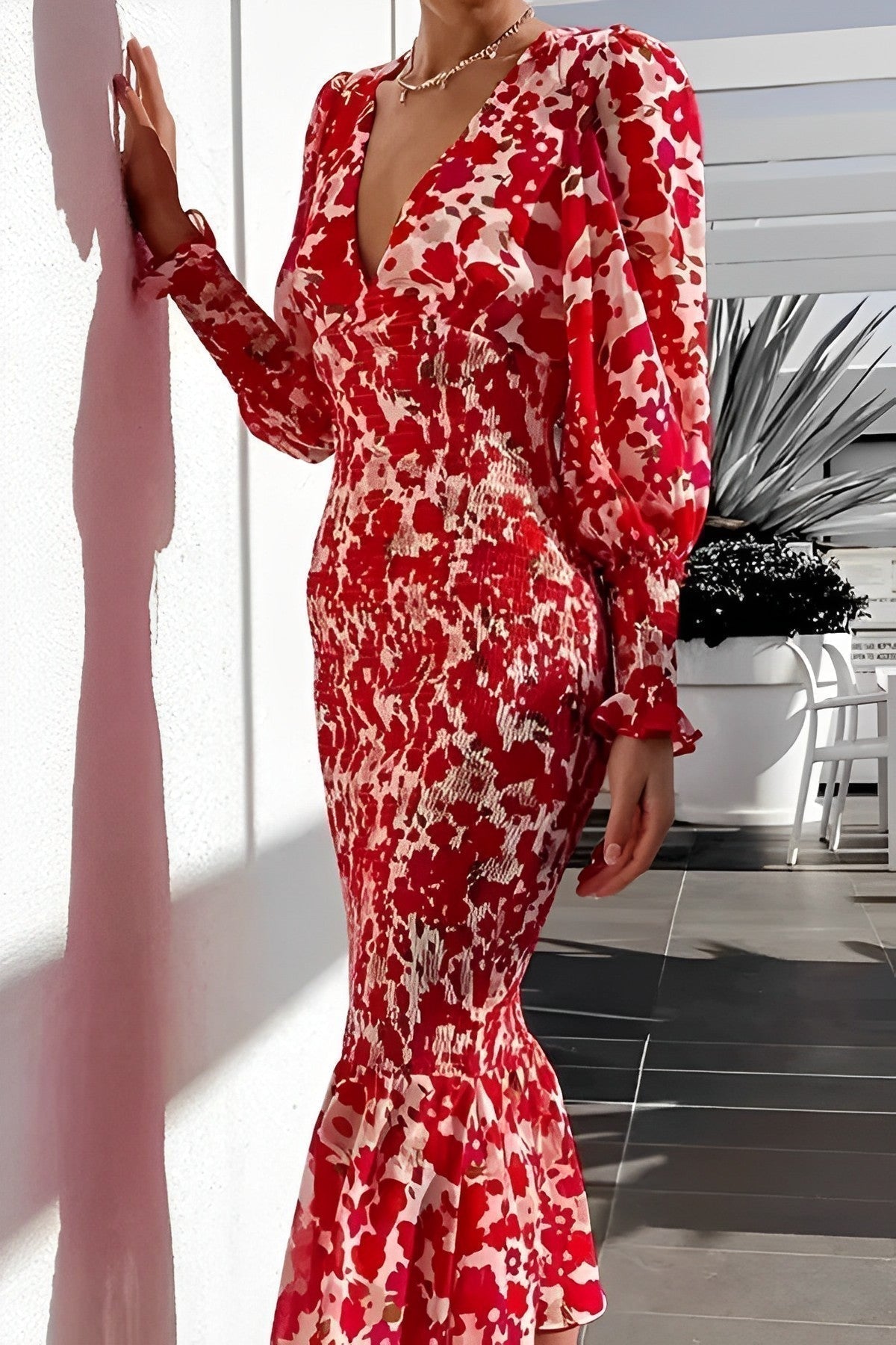 Deep V Neck Puff Sleeve Smocked Shirred Ruffle Midi Dress