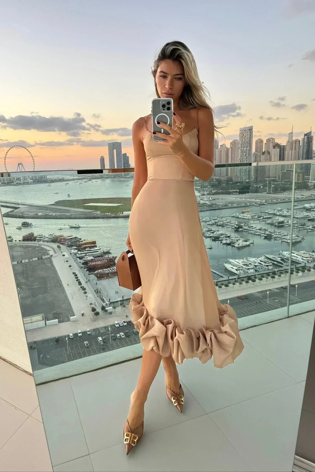 Spaghetti Strap Square Neck Bubble Hem Ruffled Maxi Dress
