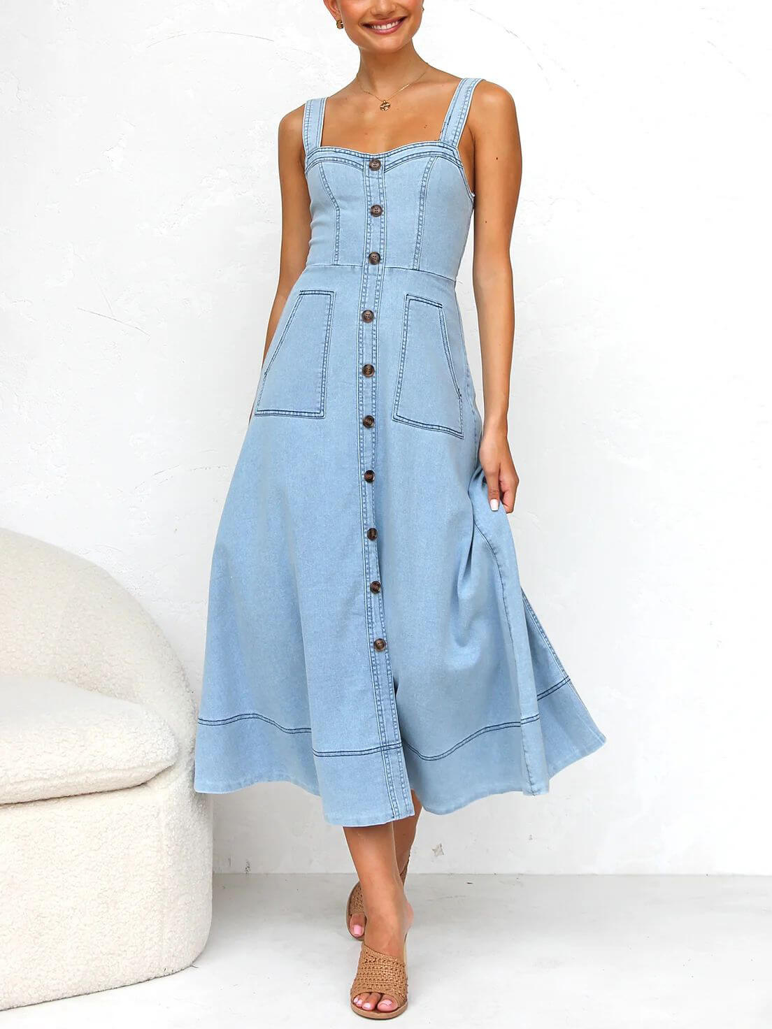 Square Neck Button Down Denim Patch Pocket A-Line Midi Dress