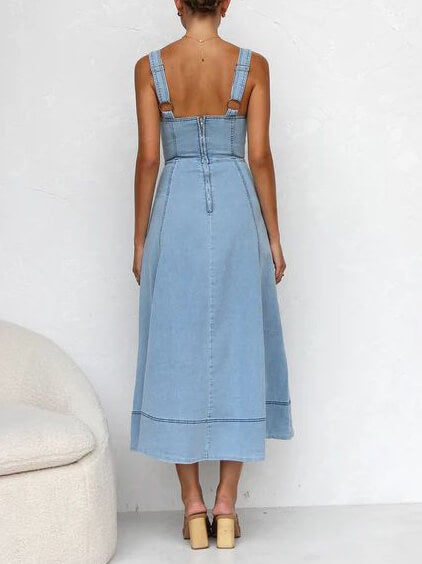 Square Neck Button Down Denim Patch Pocket A-Line Midi Dress