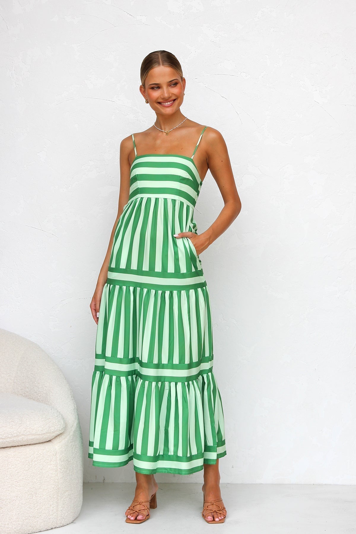Spaghetti Strap Square Neck Tiered Stripe Pocket Maxi Dress