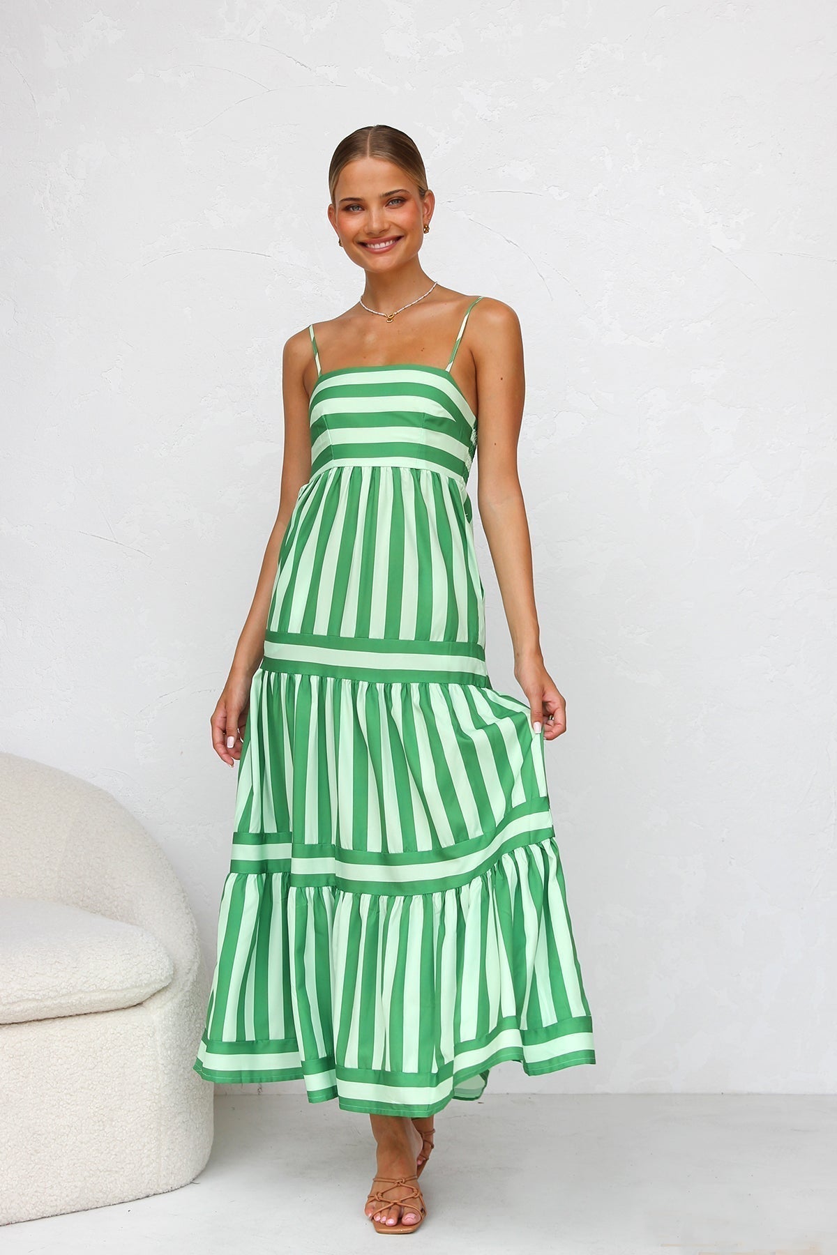 Spaghetti Strap Square Neck Tiered Stripe Pocket Maxi Dress