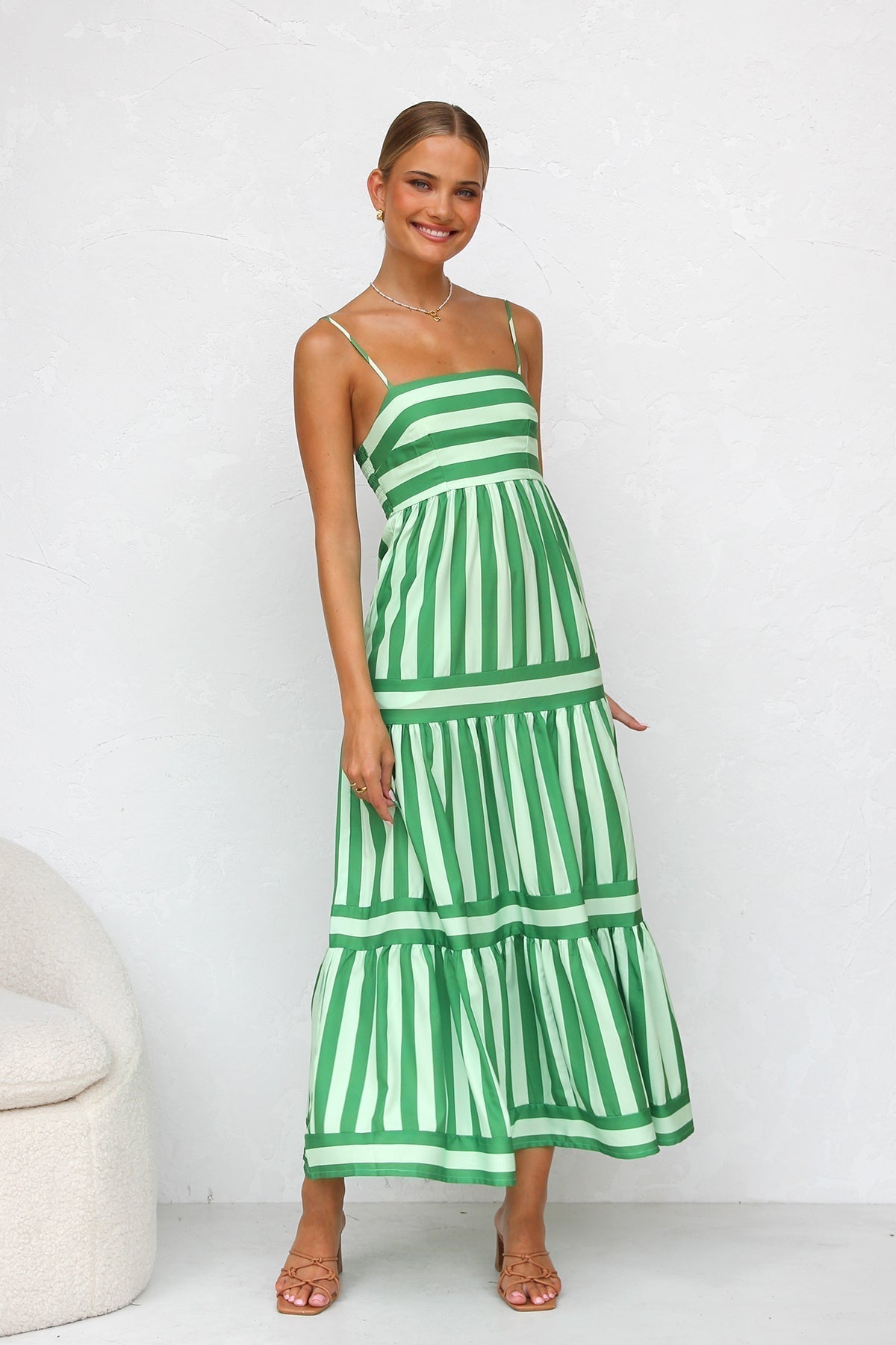Spaghetti Strap Square Neck Tiered Stripe Pocket Maxi Dress