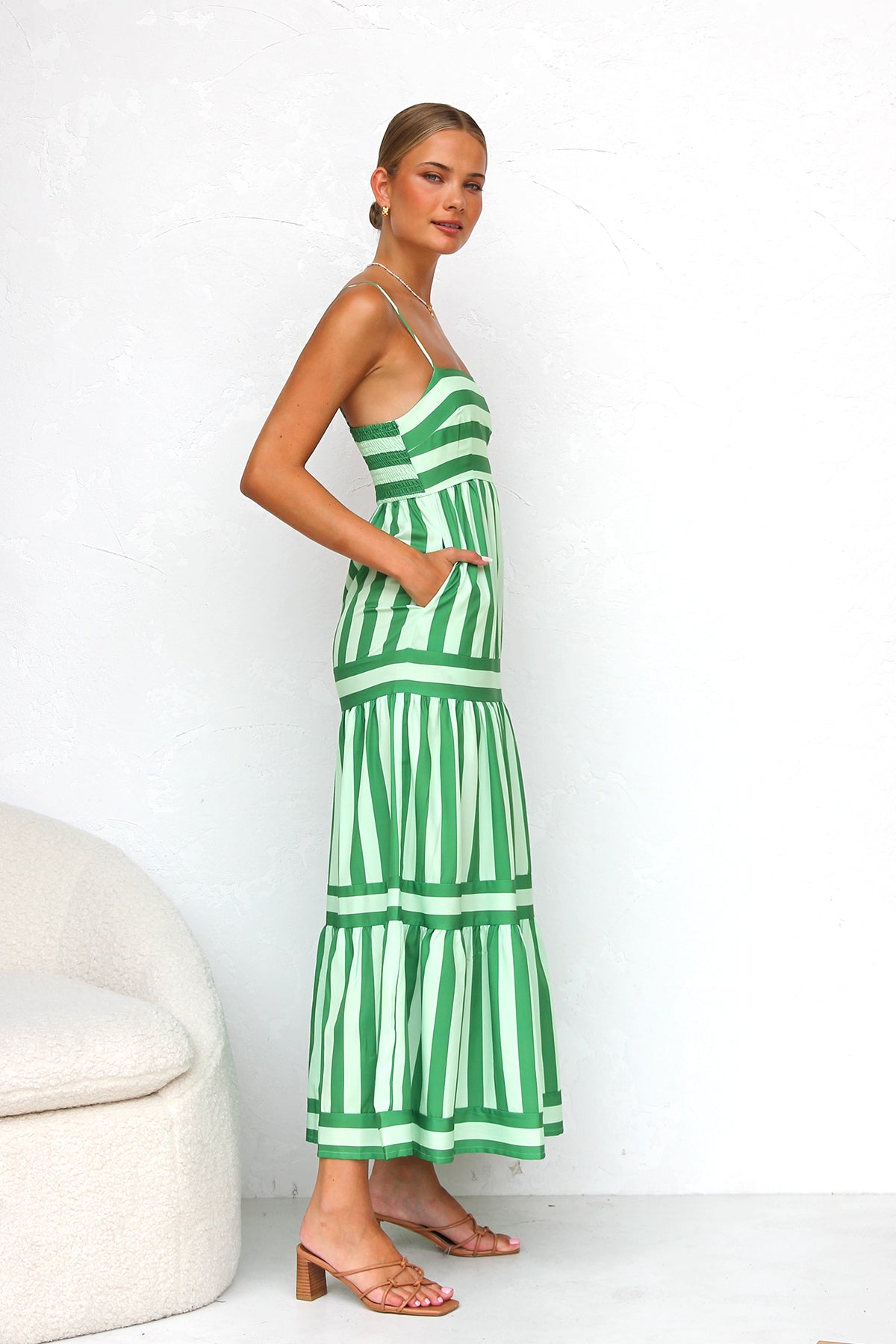 Spaghetti Strap Square Neck Tiered Stripe Pocket Maxi Dress