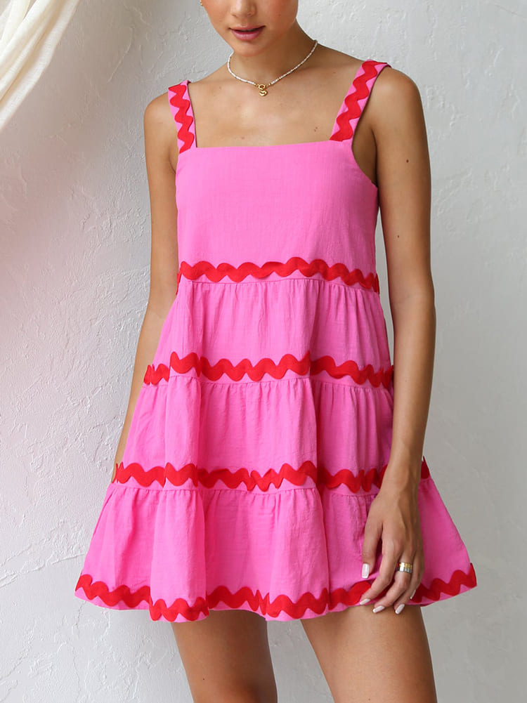 Square Neck Tiered Ric Rac Trim A-Line Babydoll Mini Dress