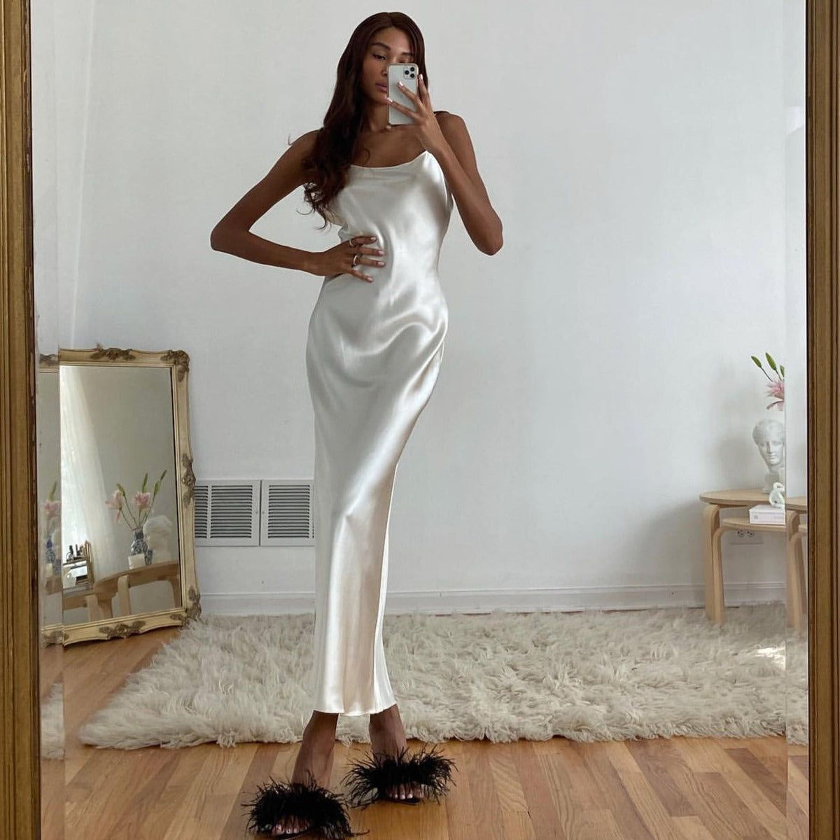 Metallic Hammered Cowl Neck Spaghetti Strap Slip Midi Dress