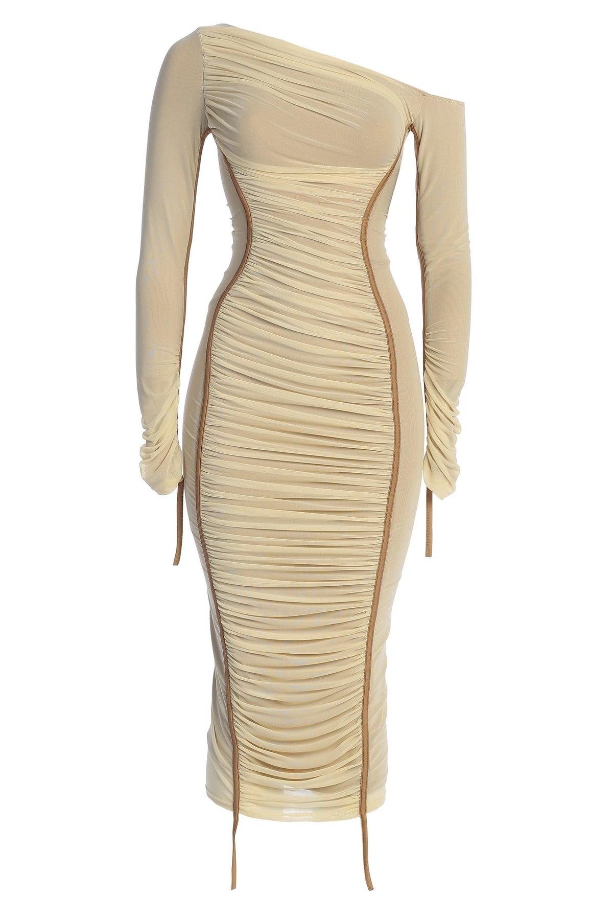 One Shoulder Contrast Piping Ruched Mesh Long Sleeve Bodycon Midi Dress