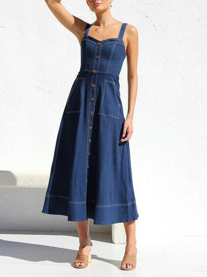 Square Neck Button Down Denim Patch Pocket A-Line Midi Dress
