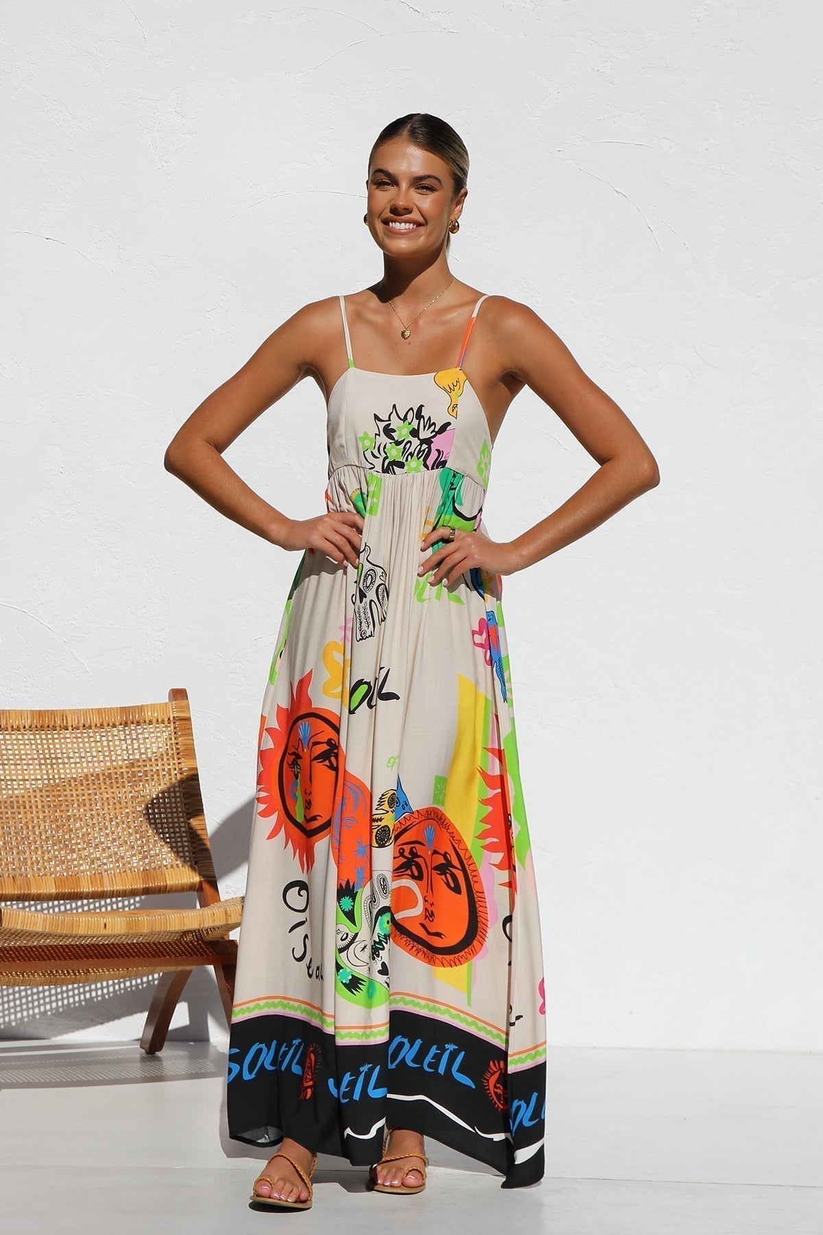 Square Neck Spaghetti Strap Graffiti Print Empire Waist Maxi Dress