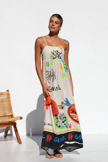 Square Neck Spaghetti Strap Graffiti Print Empire Waist Maxi Dress