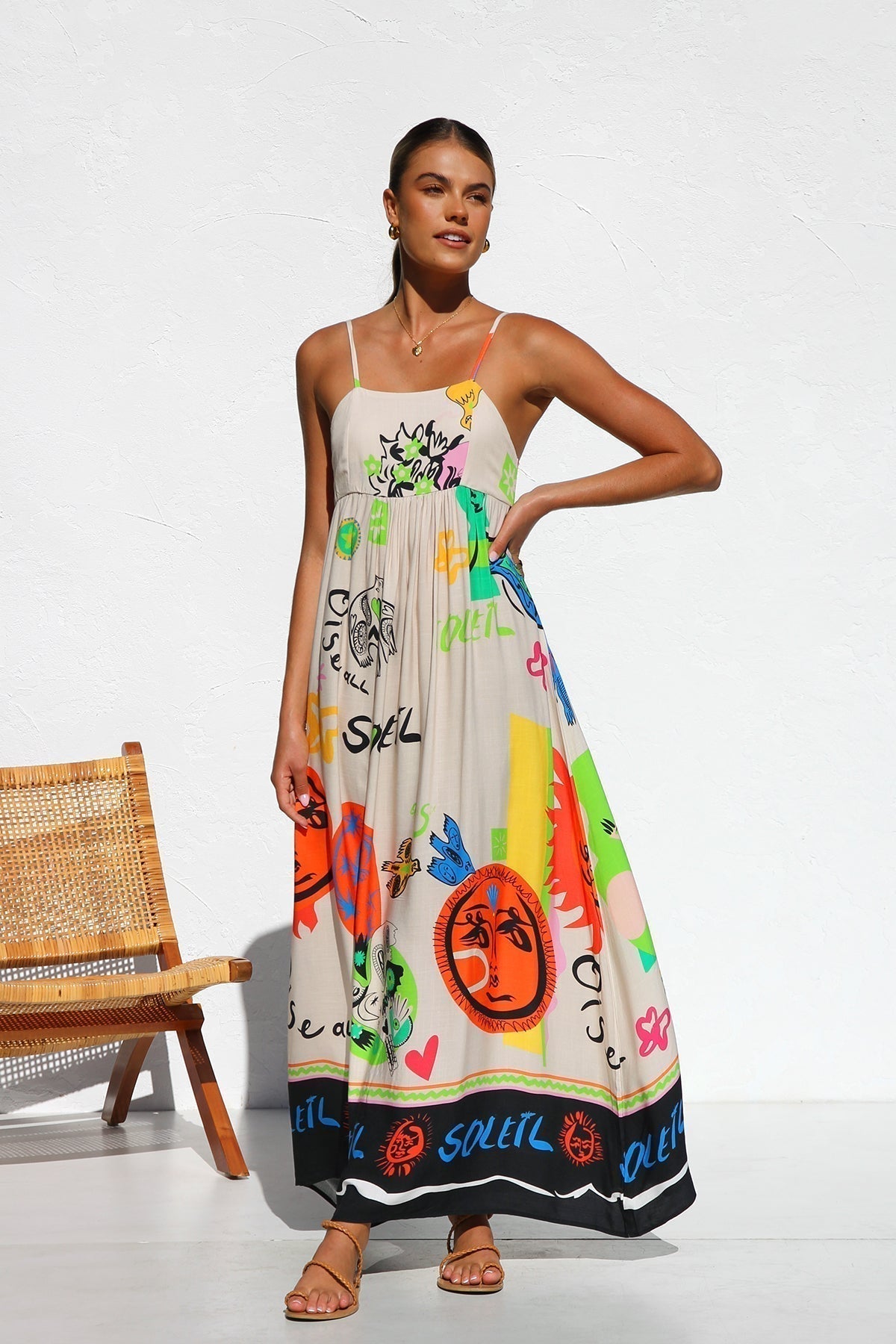 Square Neck Spaghetti Strap Graffiti Print Empire Waist Maxi Dress