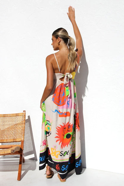 Square Neck Spaghetti Strap Graffiti Print Empire Waist Maxi Dress