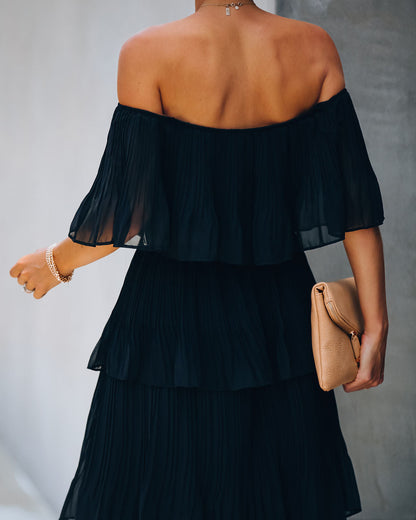Off Shoulder Ruffled Edge Accordion Pleated Tiered Midi Dress