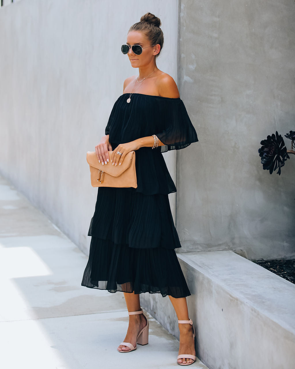Off Shoulder Ruffled Edge Accordion Pleated Tiered Midi Dress