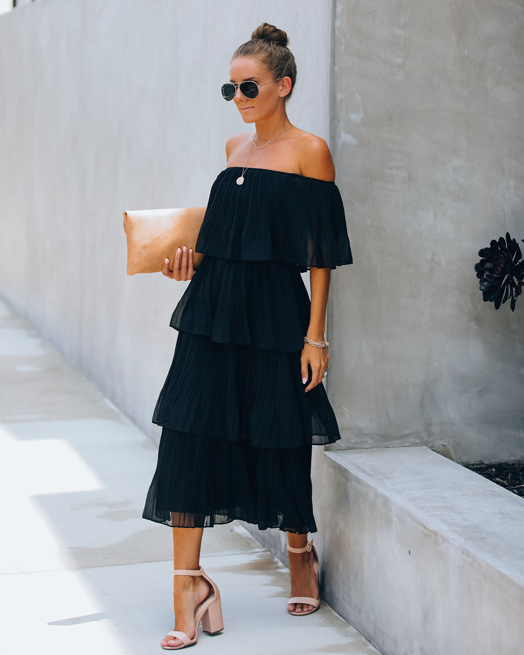 Off Shoulder Ruffled Edge Accordion Pleated Tiered Midi Dress
