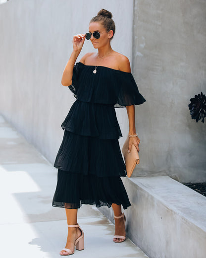 Off Shoulder Ruffled Edge Accordion Pleated Tiered Midi Dress