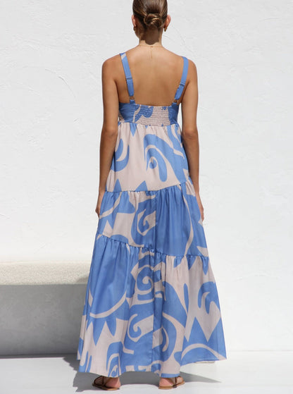Abstract Print Square Neck Tiered Wide Strap Maxi Dress
