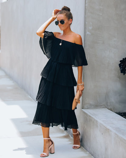 Off Shoulder Ruffled Edge Accordion Pleated Tiered Midi Dress