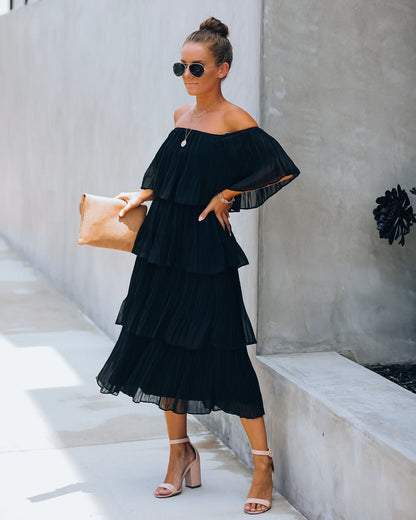 Off Shoulder Ruffled Edge Accordion Pleated Tiered Midi Dress
