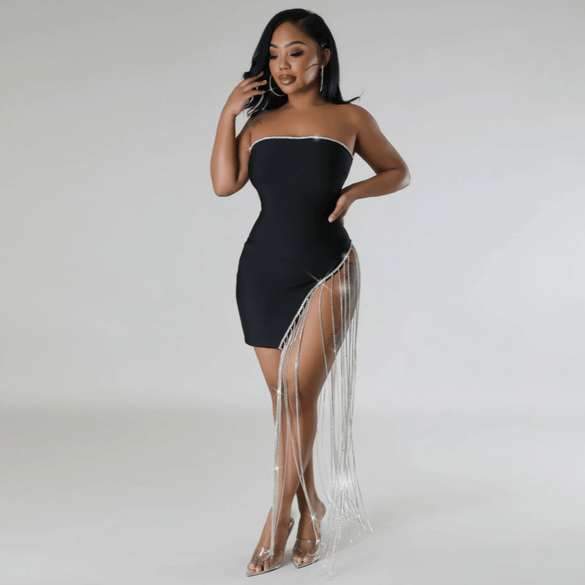 Strapless Rhinestone Tassel Fringe Bodycon Mini Dress