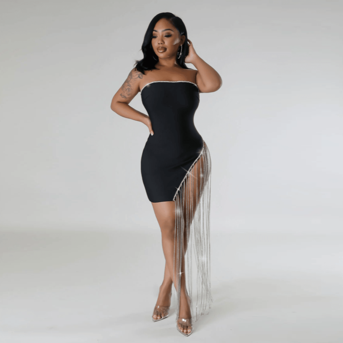 Strapless Rhinestone Tassel Fringe Bodycon Mini Dress
