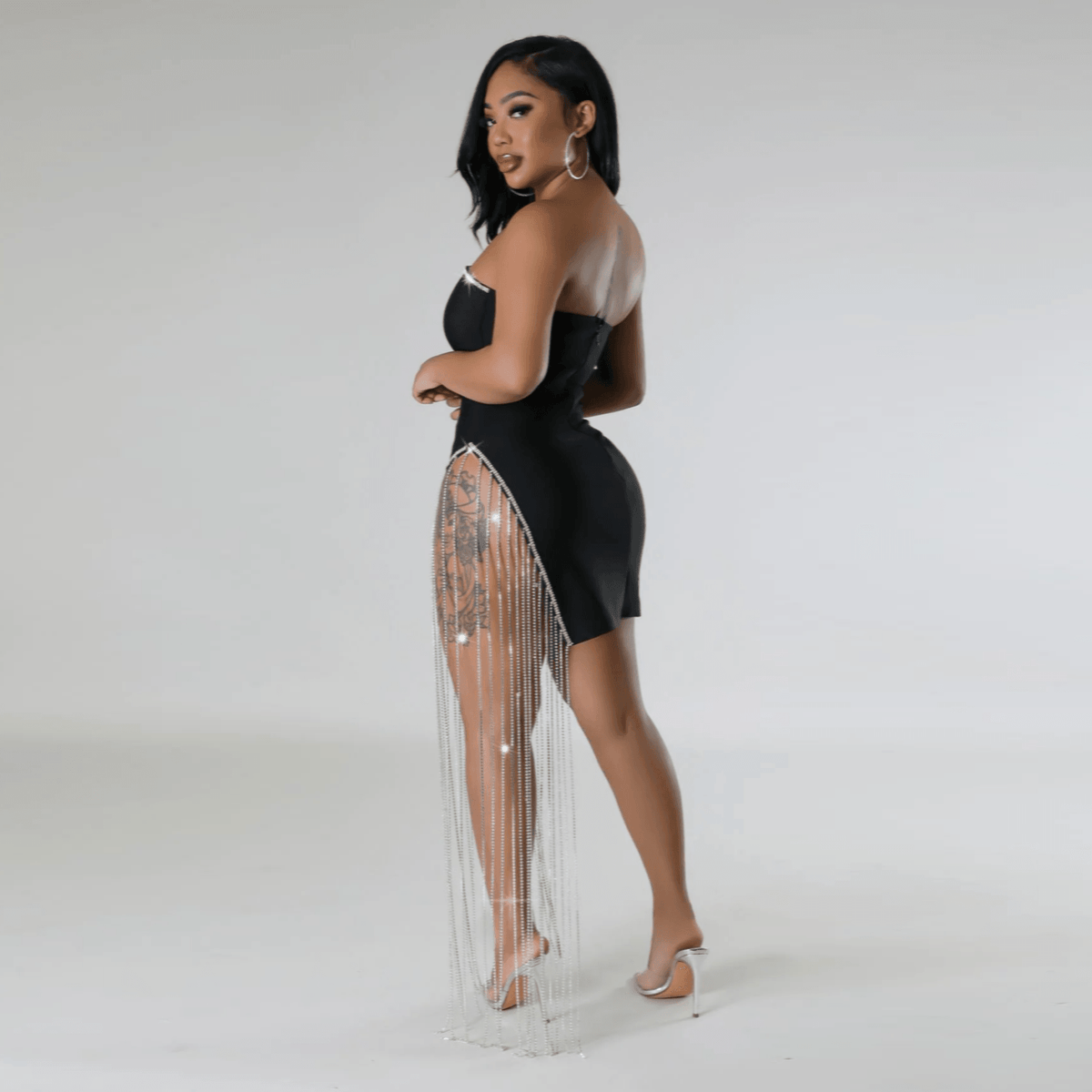 Strapless Rhinestone Tassel Fringe Bodycon Mini Dress