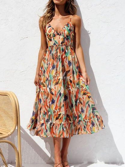 Spaghetti Strap Bustier Waist Tie Brushstroke Print Ruffle Hem Midi Dress