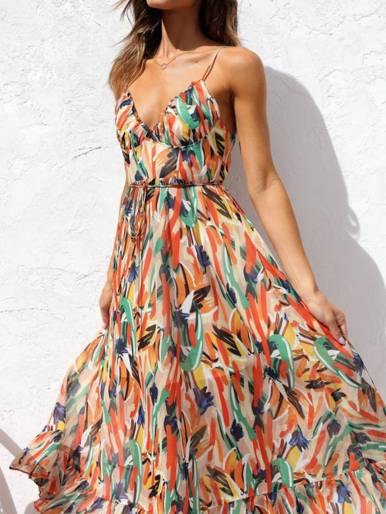 Spaghetti Strap Bustier Waist Tie Brushstroke Print Ruffle Hem Midi Dress