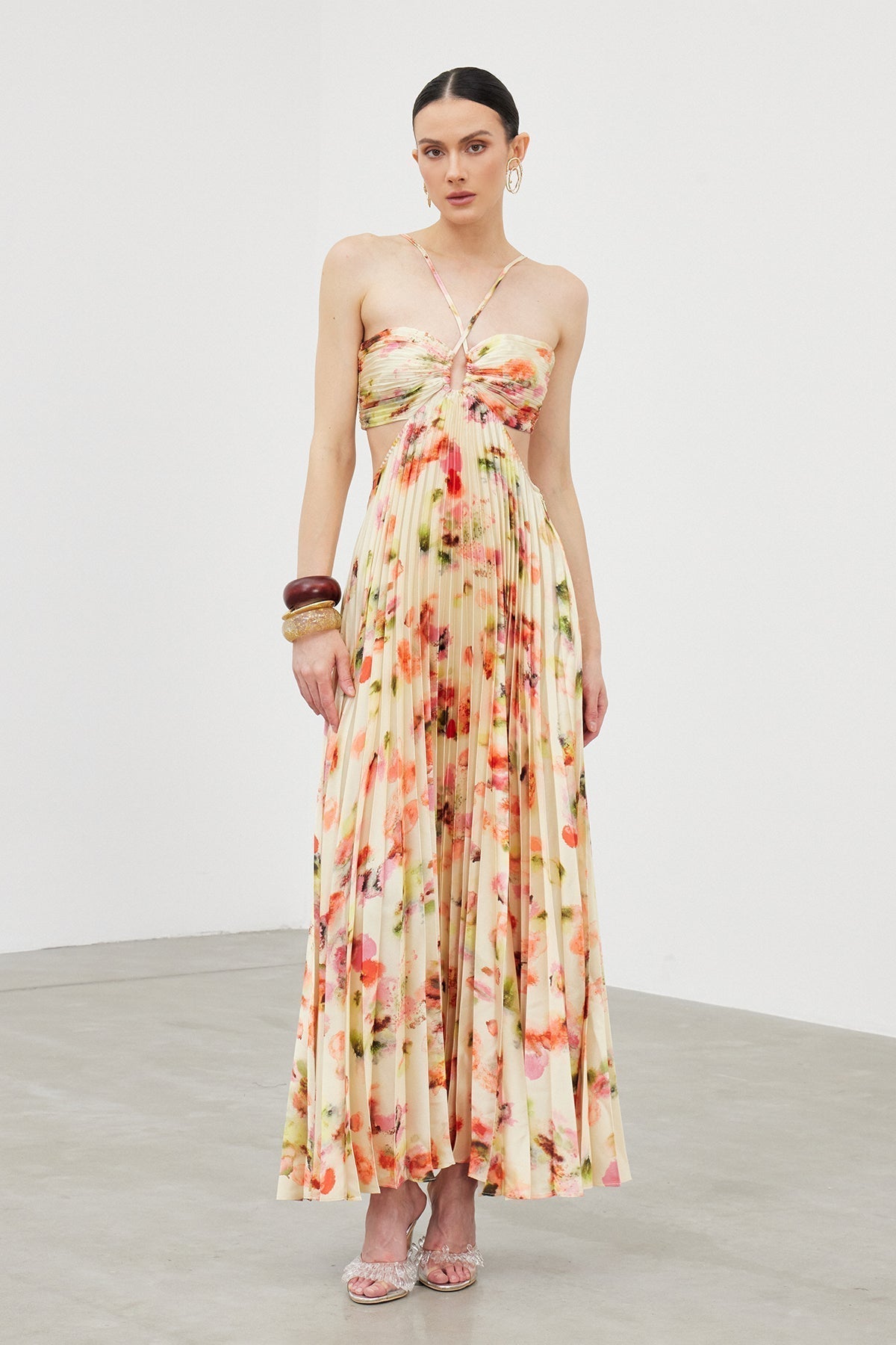 Halter Neck Ruched Print Column Maxi Dress