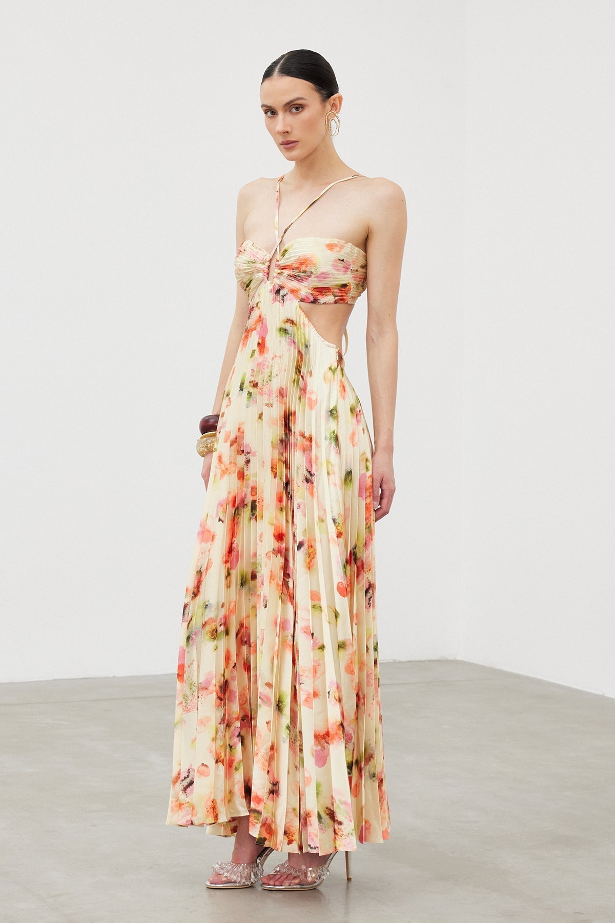 Halter Neck Ruched Print Column Maxi Dress