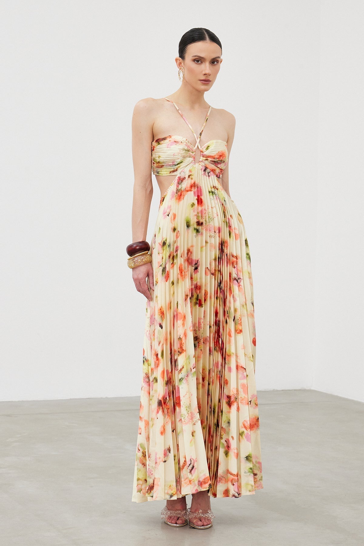 Halter Neck Ruched Print Column Maxi Dress